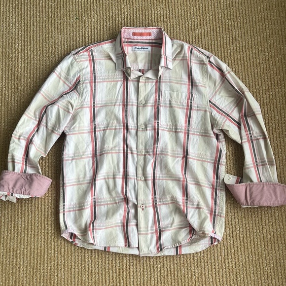 Tommy Bahama Shirt Hideaway Fronds Afterglow Silk Plaid SZ Medium Peach white - Picture 5 of 12